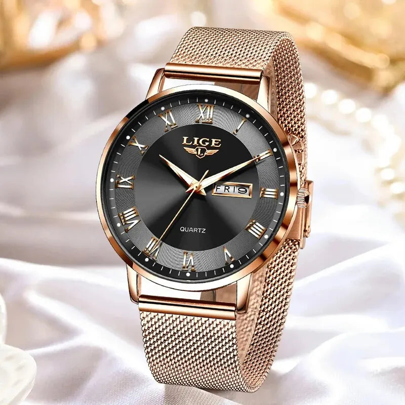 Montre femme LIGE 2024 – Quartz japonais, acier inoxydable, lumineuse
