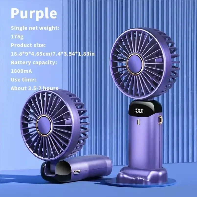 Mini Ventilateur Pliable Portatif 1800mAh – 5 Vitesses, Rechargeable USB, Support Téléphone & Écran