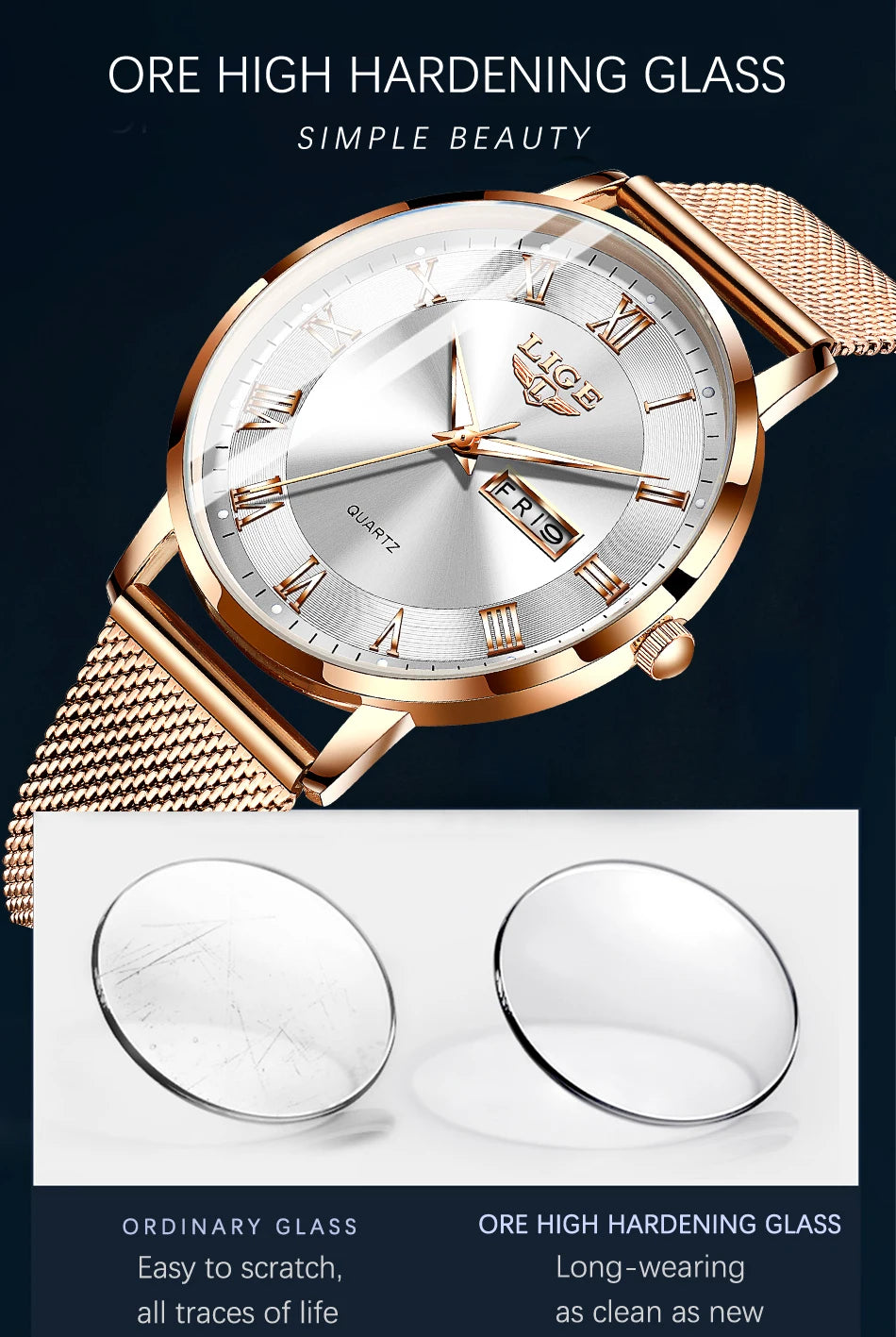 Montre femme LIGE 2024 – Quartz japonais, acier inoxydable, lumineuse
