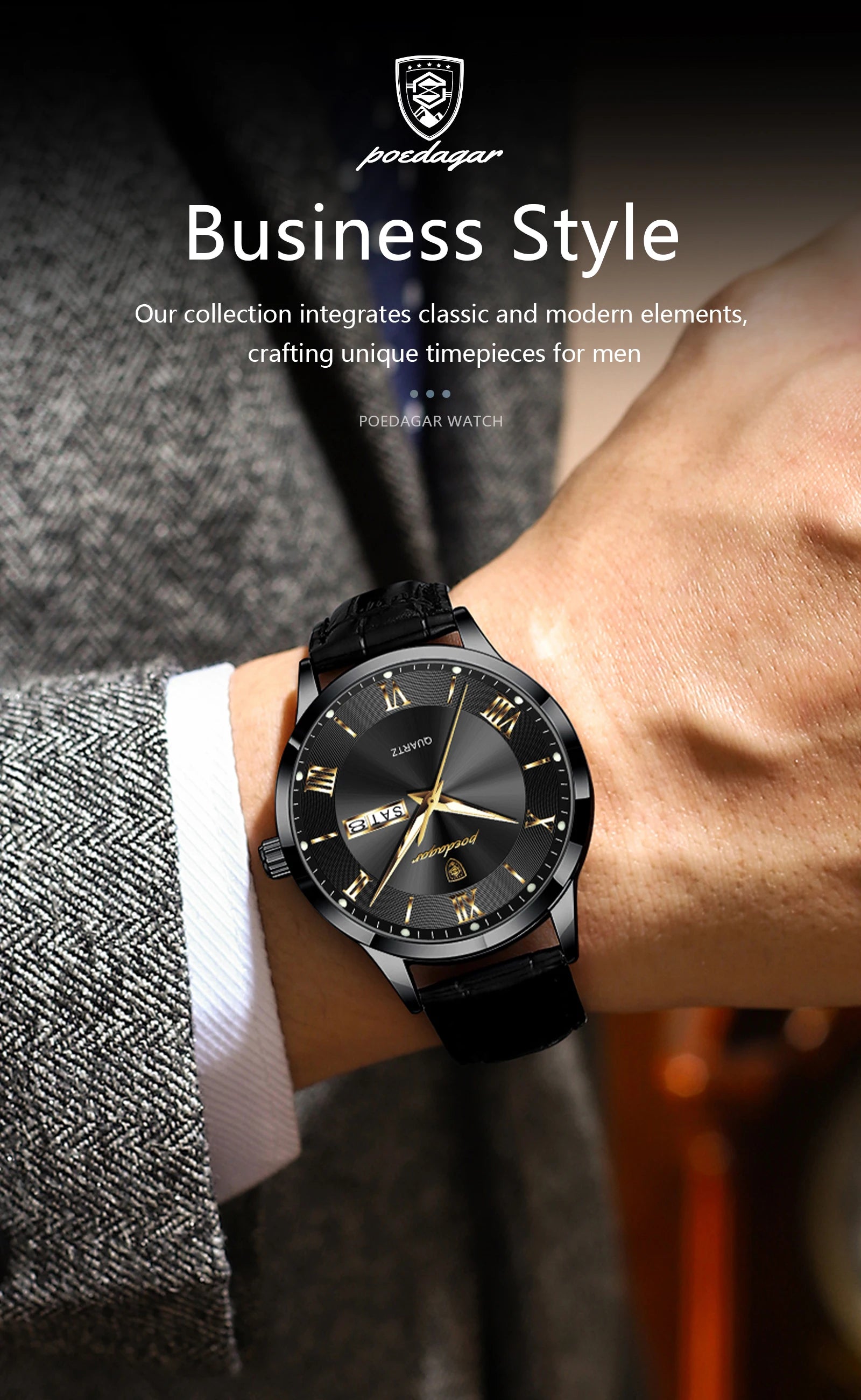 Montre homme POEDAGAR – Quartz, cuir, date & semaine