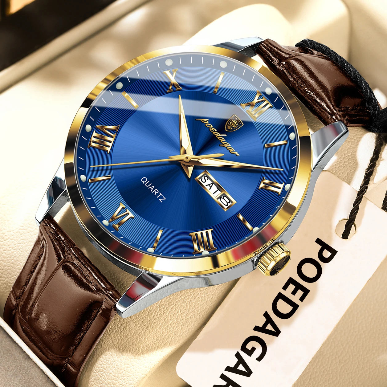 Montre homme POEDAGAR – Quartz, cuir, date & semaine