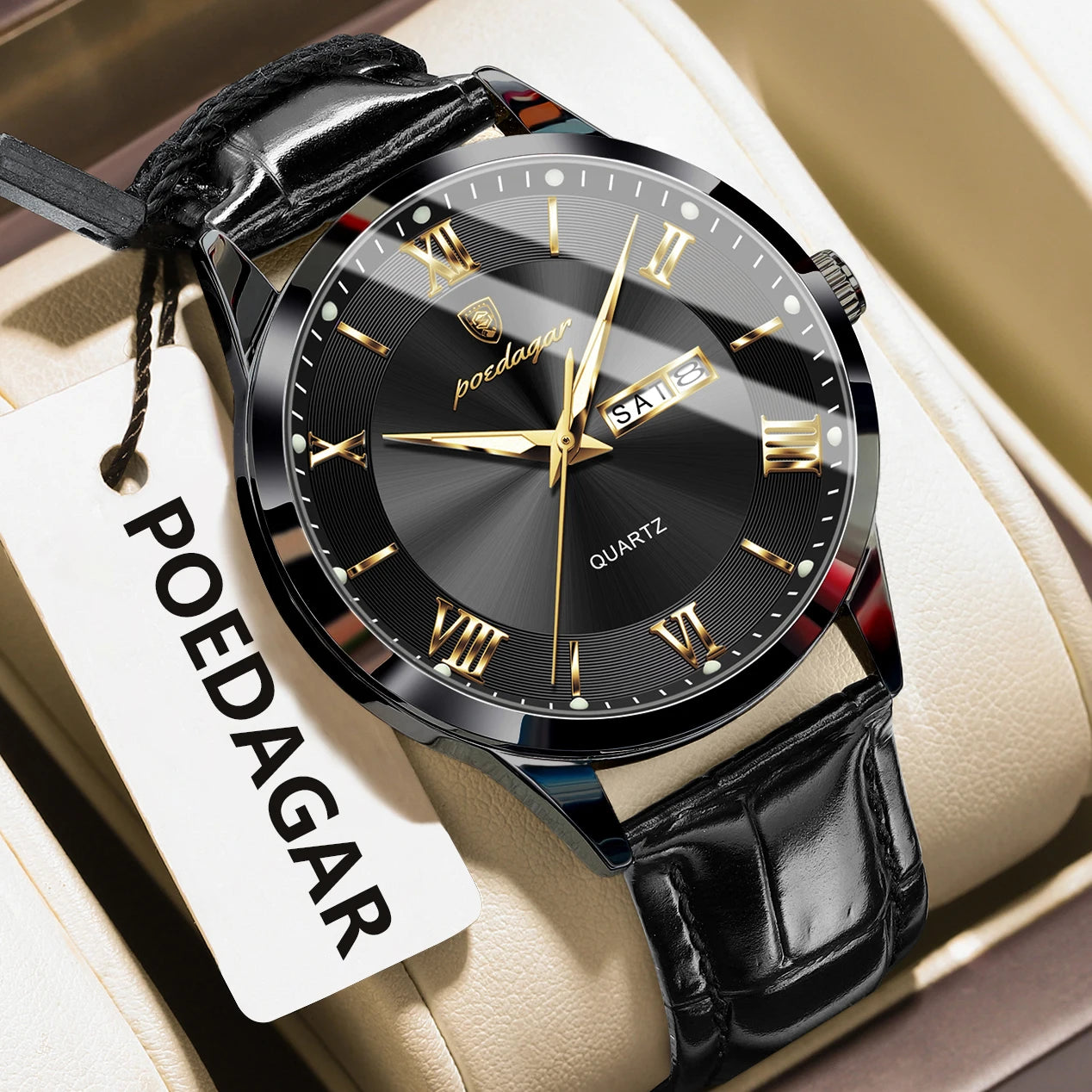 Montre homme POEDAGAR – Quartz, cuir, date & semaine