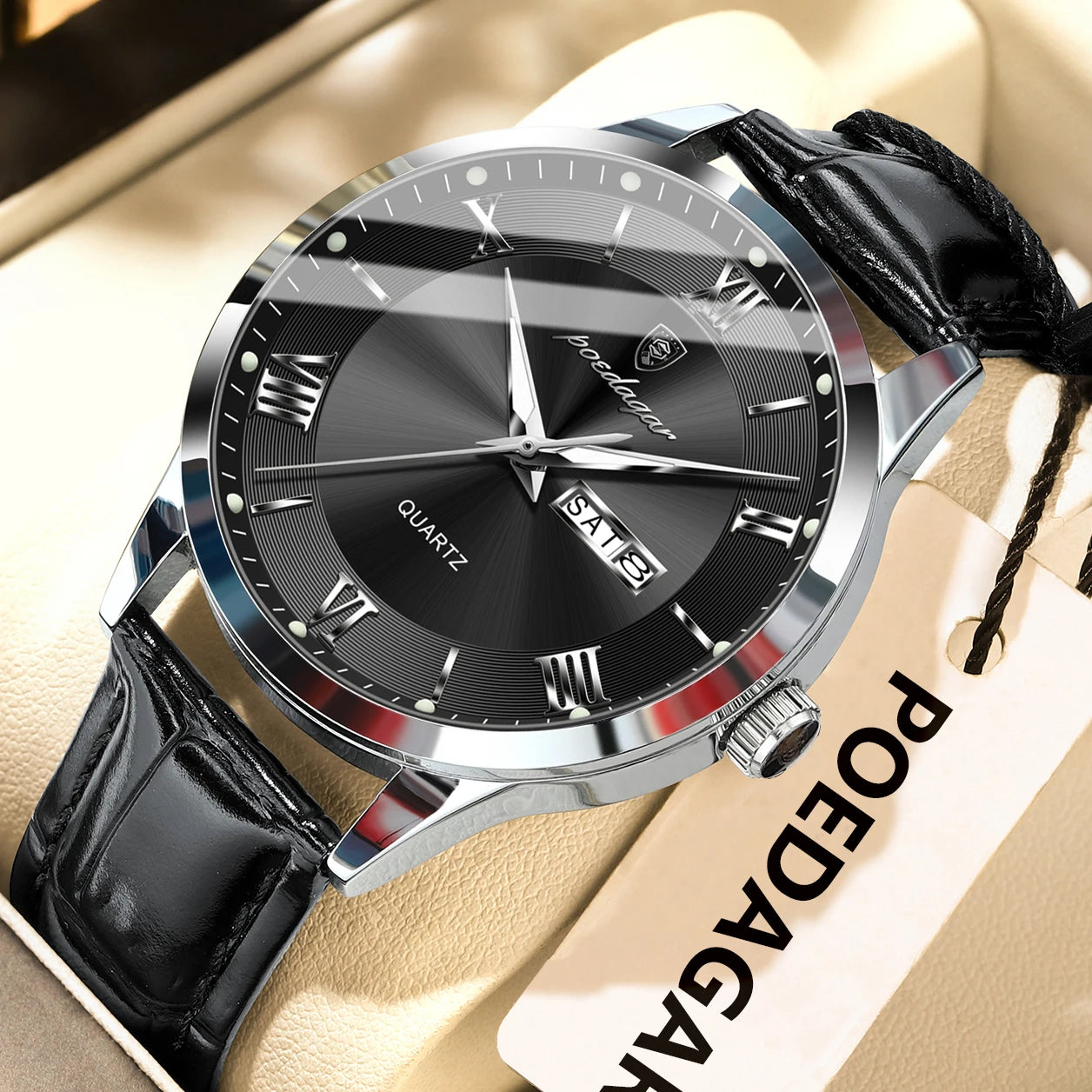 Montre homme POEDAGAR – Quartz, cuir, date & semaine
