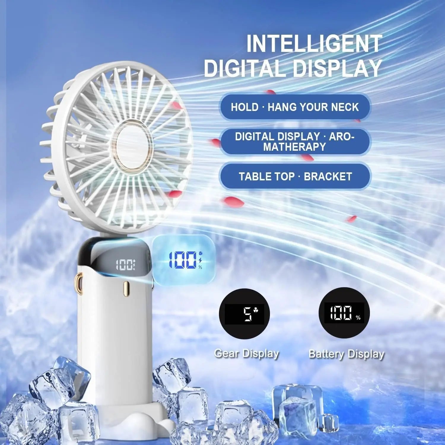 Mini Ventilateur Pliable Portatif 1800mAh – 5 Vitesses, Rechargeable USB, Support Téléphone & Écran