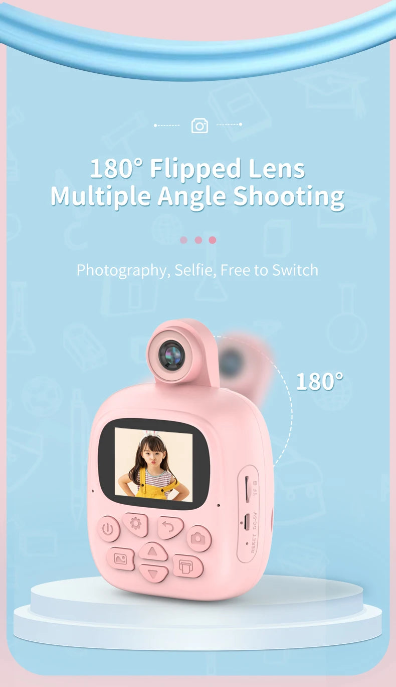 Appareil photo à impression instantanée pour enfants, appareil photo numérique thermique, jouet vidéo, cadeau d'anniversaire, carte mémoire 32G