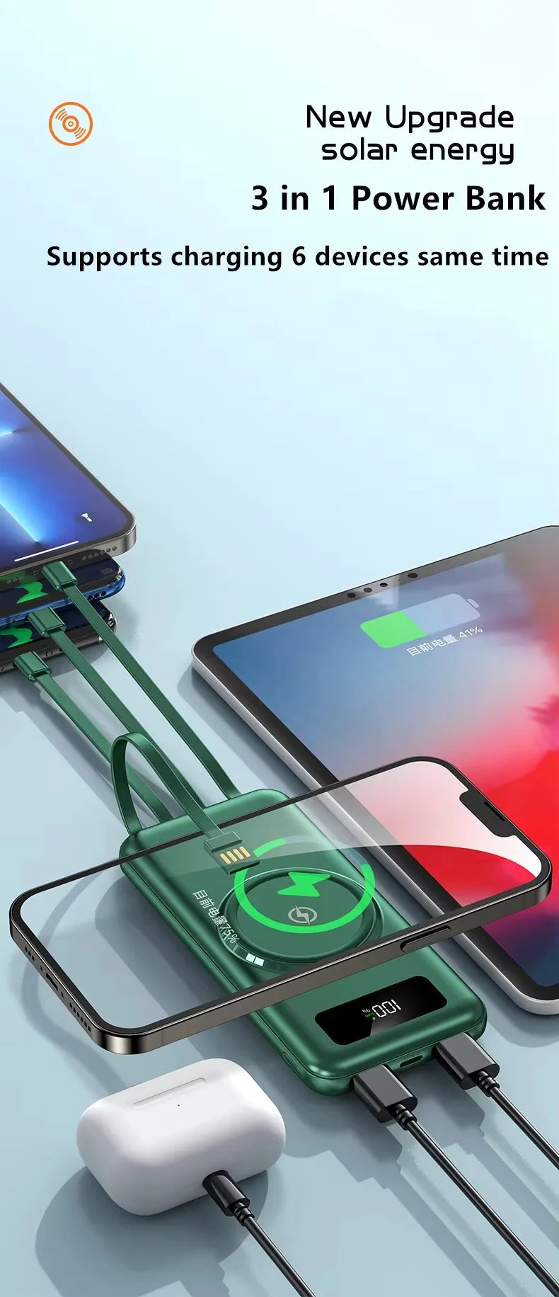 Powerbank 30000 mAh Charge Rapide Sans Fil — Batterie Externe Universelle avec Câbles | iPhone & Android