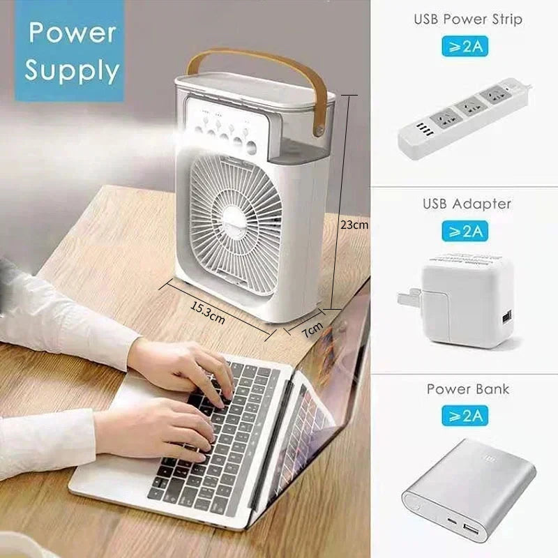 Mini Climatiseur 3-en-1 Portable – Ventilateur, Humidificateur & Veilleuse LED, Rechargeable USB