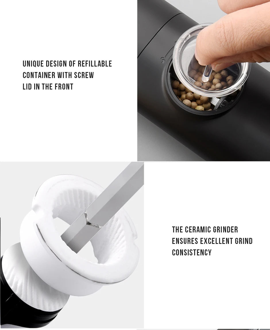 Moulin électrique à poivre et sel – LED, grossièreté réglable, avec base