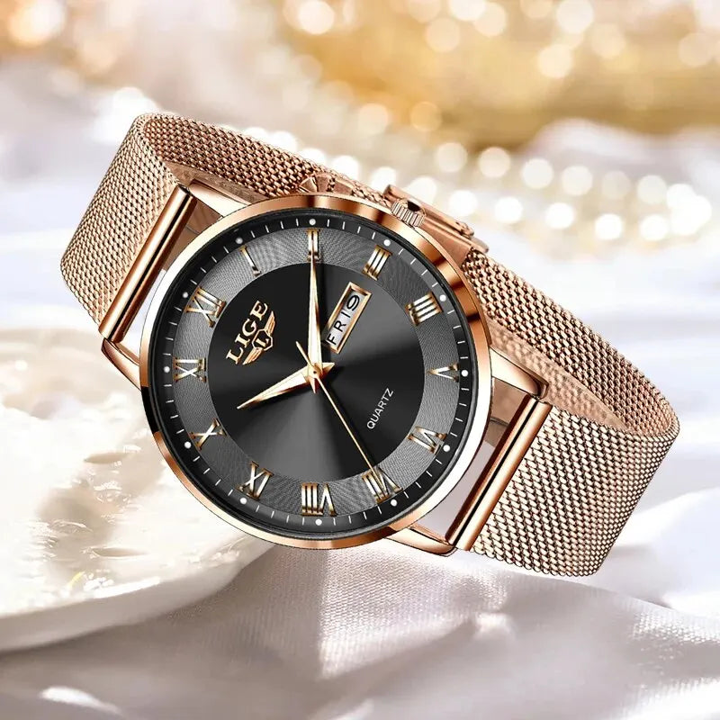 Montre femme LIGE 2024 – Quartz japonais, acier inoxydable, lumineuse