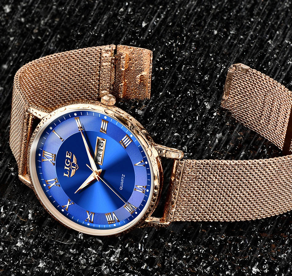 Montre femme LIGE 2024 – Quartz japonais, acier inoxydable, lumineuse