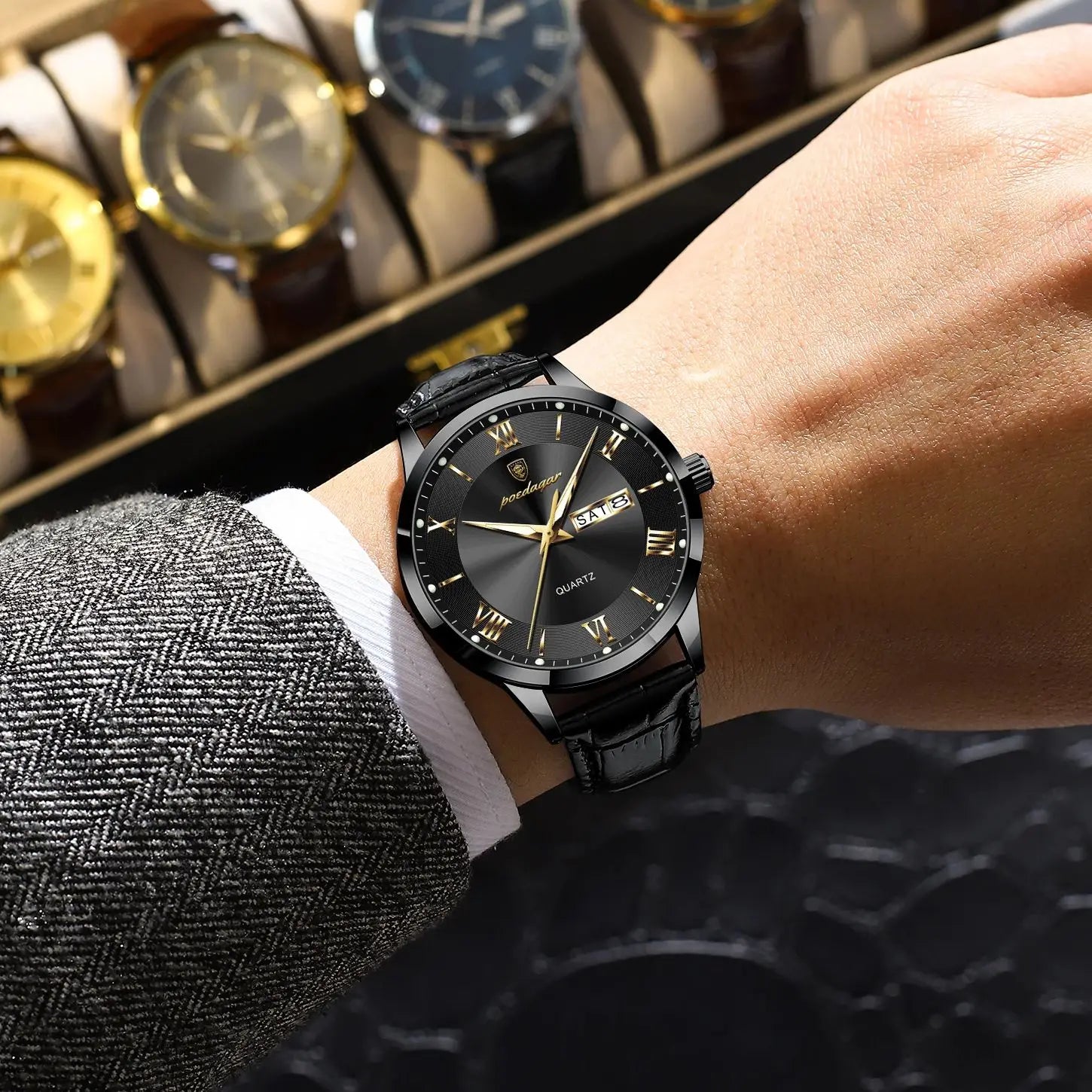Montre homme POEDAGAR – Quartz, cuir, date & semaine