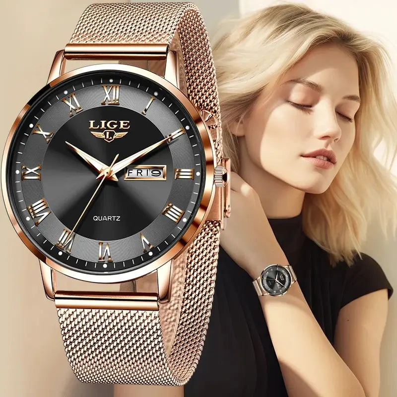 Montre femme LIGE 2024 – Quartz japonais, acier inoxydable, lumineuse