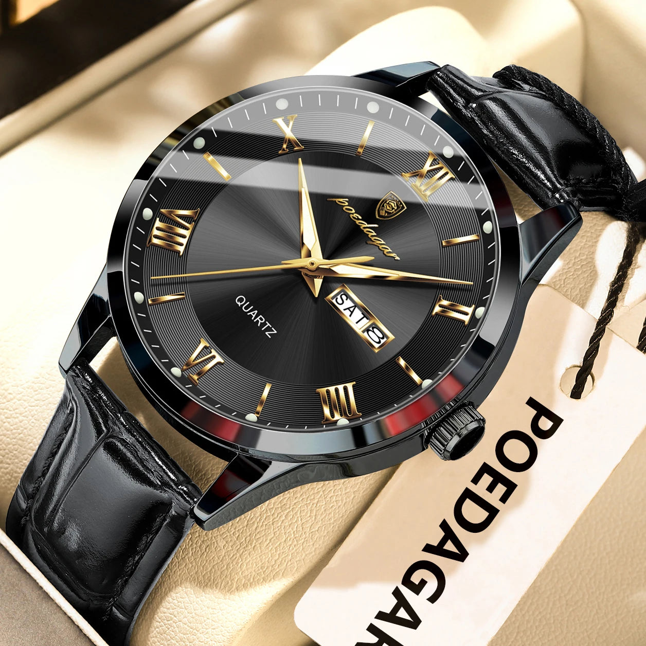 Montre homme POEDAGAR – Quartz, cuir, date & semaine