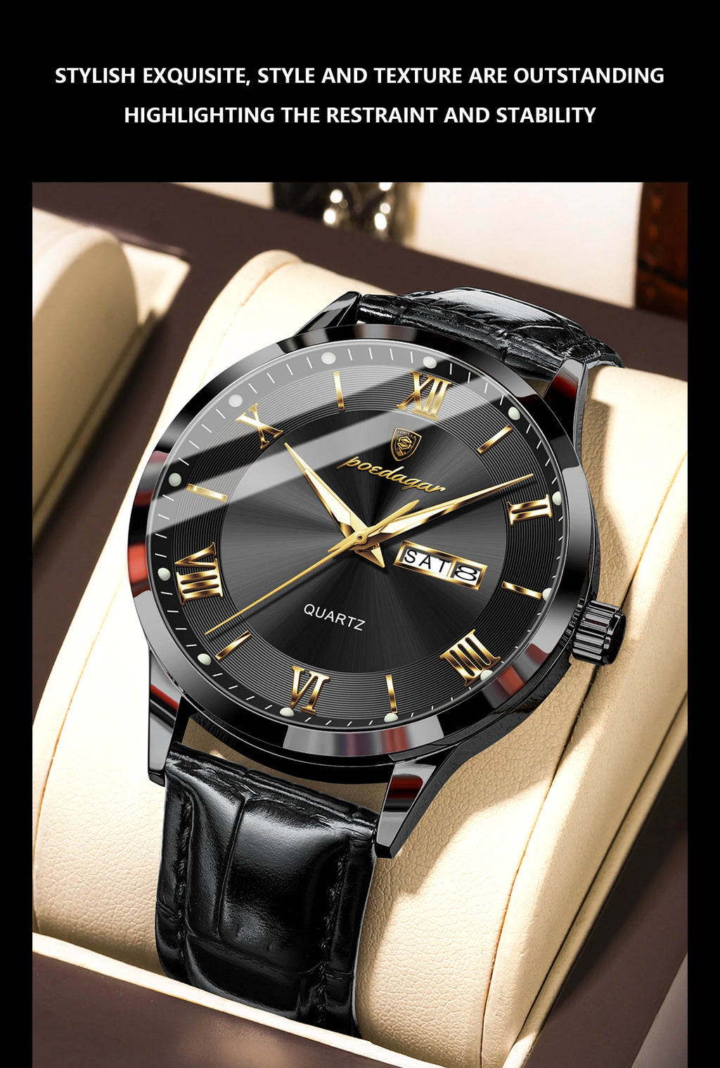 Montre homme POEDAGAR – Quartz, cuir, date & semaine