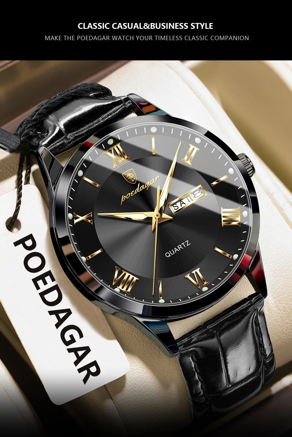 Montre homme POEDAGAR – Quartz, cuir, date & semaine