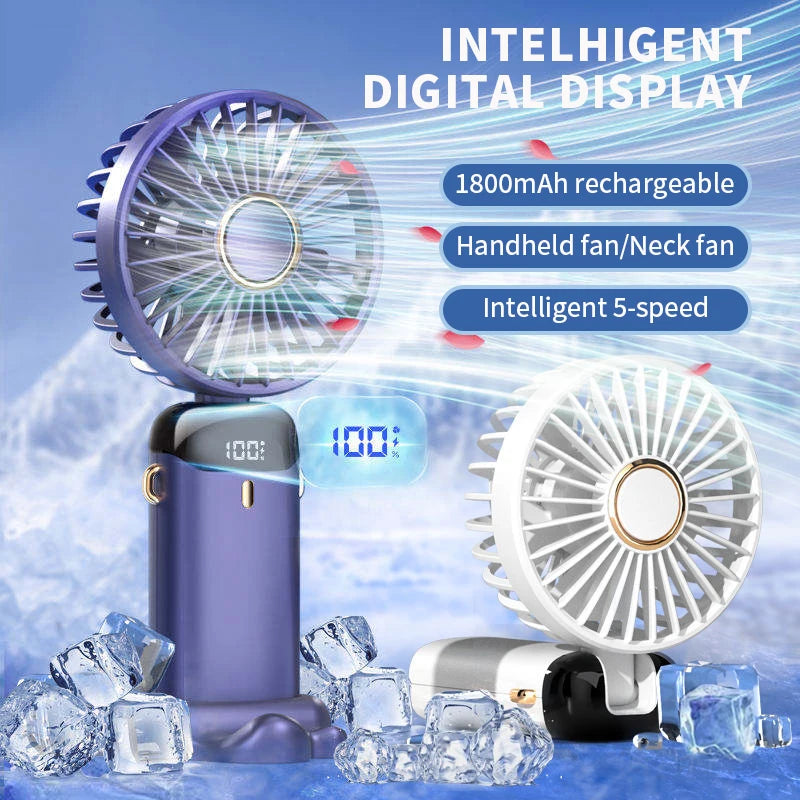 Mini Ventilateur de Cou Portable 1800mAh – Support Téléphone, Écran LED, 5 Vitesses, Rechargeable USB