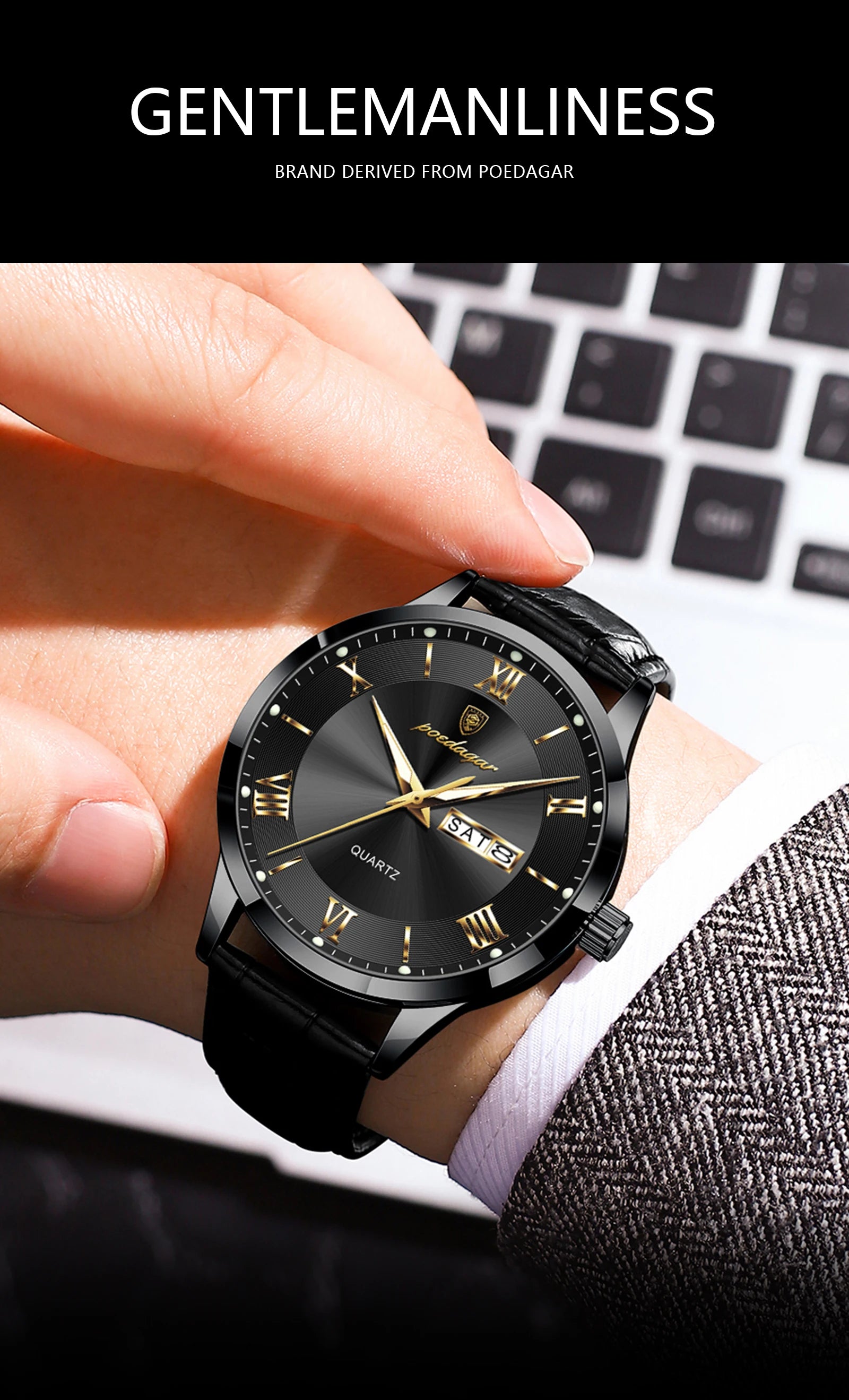 Montre homme POEDAGAR – Quartz, cuir, date & semaine