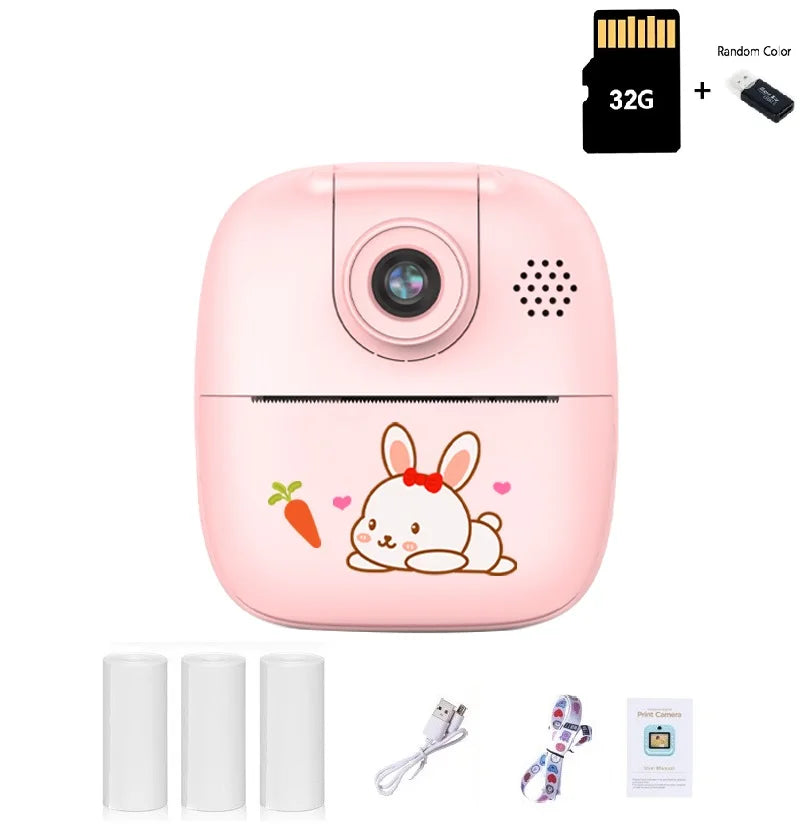 Appareil photo à impression instantanée pour enfants, appareil photo numérique thermique, jouet vidéo, cadeau d'anniversaire, carte mémoire 32G