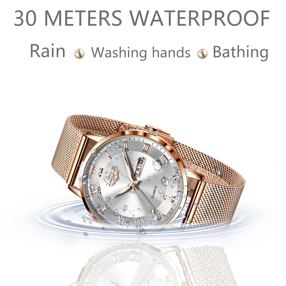 Montre femme LIGE 2024 – Quartz japonais, acier inoxydable, lumineuse