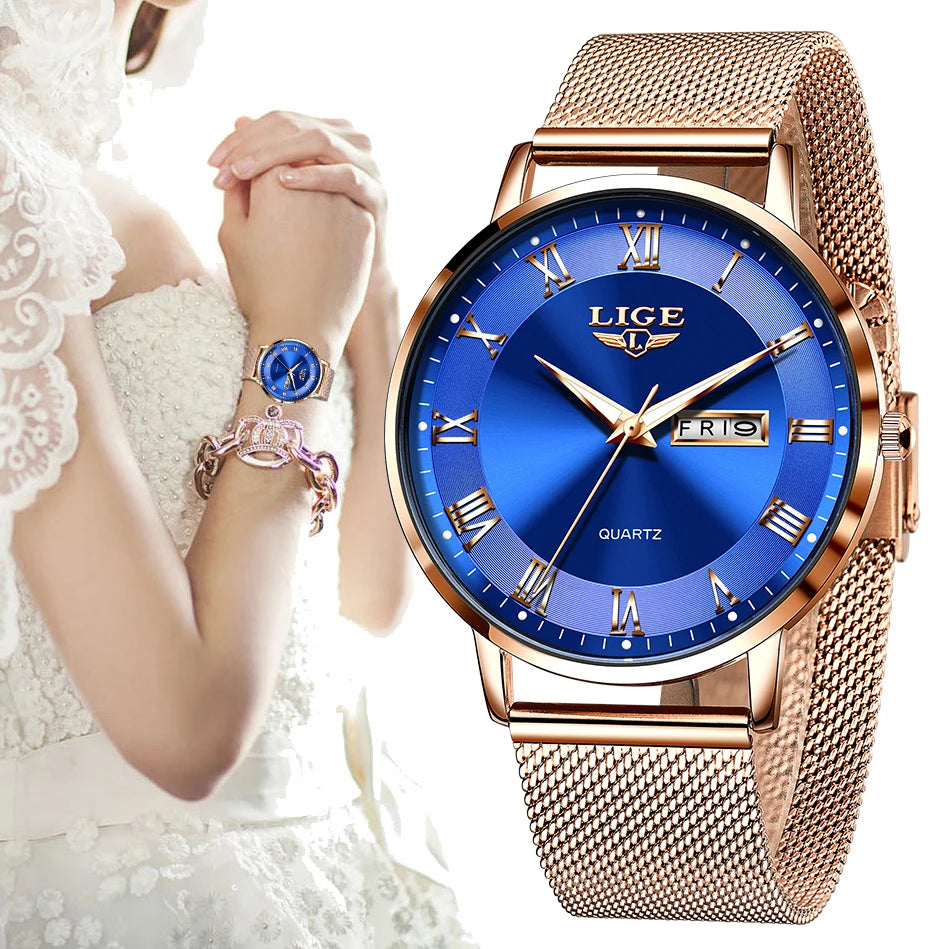 Montre femme LIGE 2024 – Quartz japonais, acier inoxydable, lumineuse