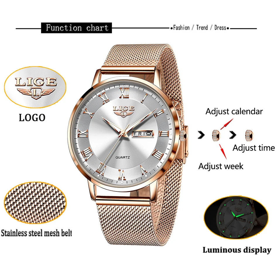 Montre femme LIGE 2024 – Quartz japonais, acier inoxydable, lumineuse