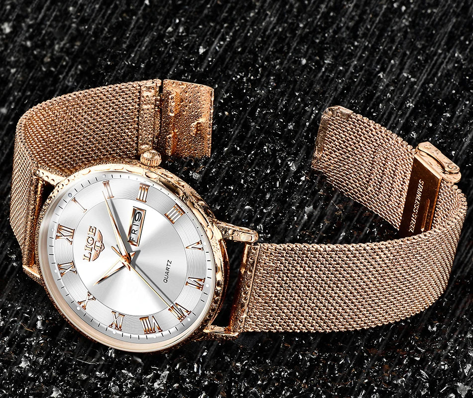Montre femme LIGE 2024 – Quartz japonais, acier inoxydable, lumineuse