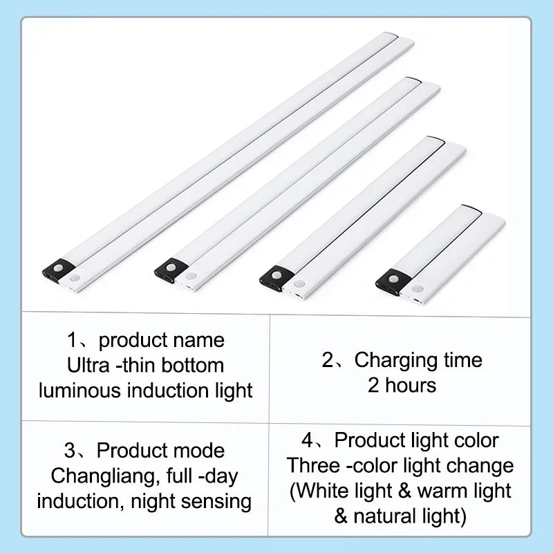 Veilleuse LED sous armoire – Rechargeable USB-C, capteur de mouvement, 10 à 60 cm