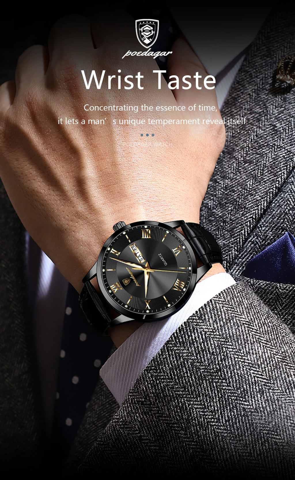Montre homme POEDAGAR – Quartz, cuir, date & semaine