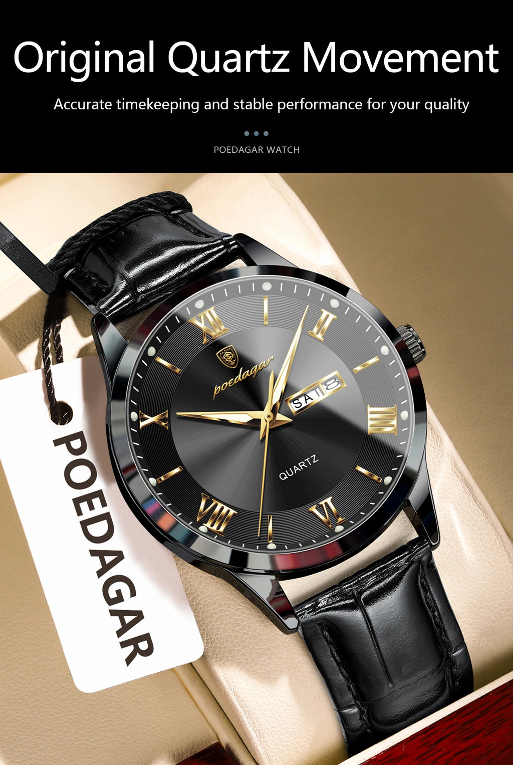 Montre homme POEDAGAR – Quartz, cuir, date & semaine