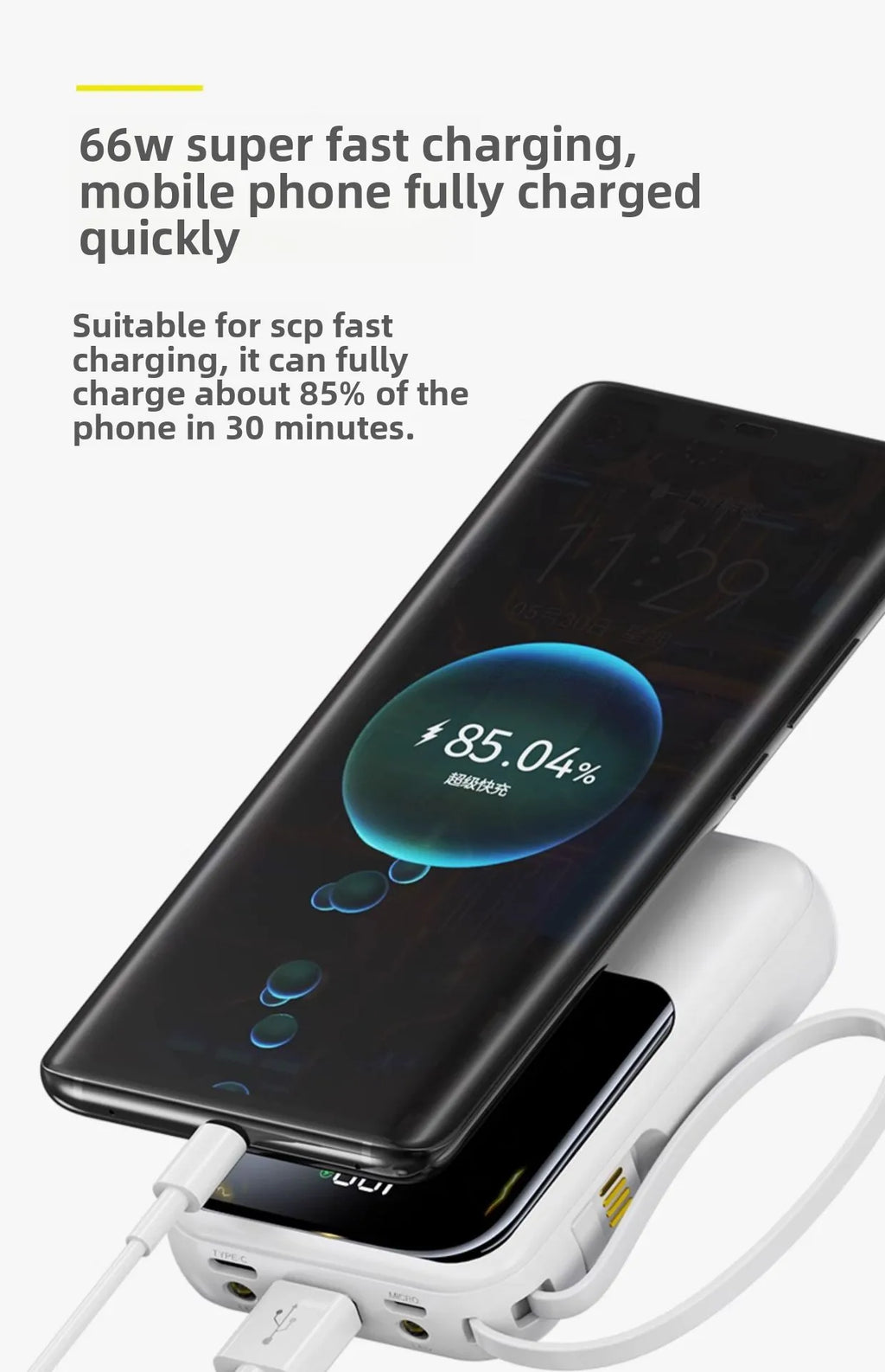 Powerbank 20000 mAh Mini — Charge Ultra Rapide PD20W, Câble Intégré | Compact & Léger