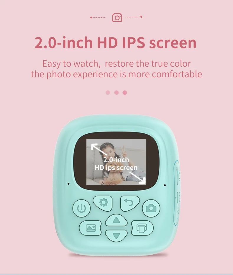 Appareil photo à impression instantanée pour enfants, appareil photo numérique thermique, jouet vidéo, cadeau d'anniversaire, carte mémoire 32G