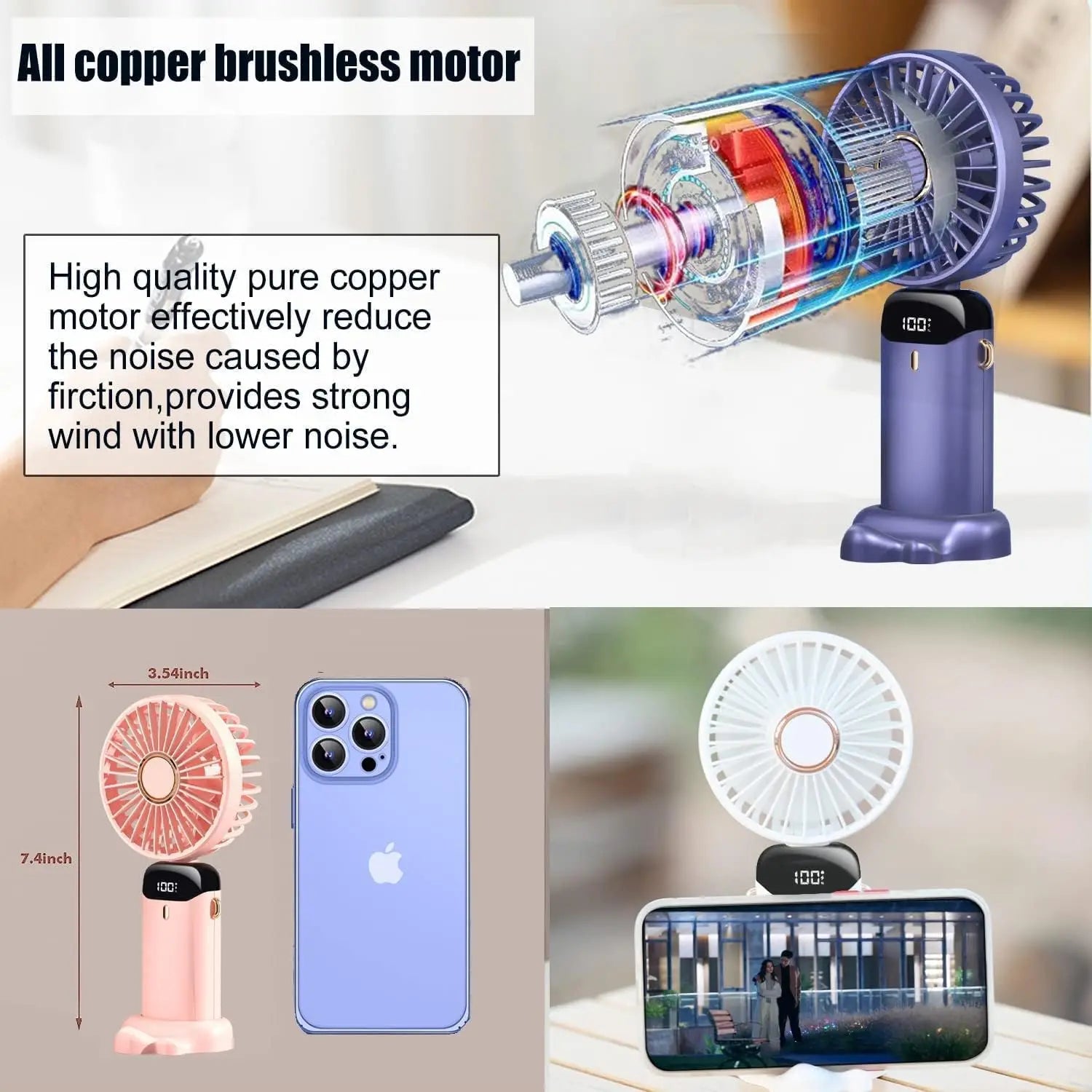 Mini Ventilateur Pliable Portatif 1800mAh – 5 Vitesses, Rechargeable USB, Support Téléphone & Écran