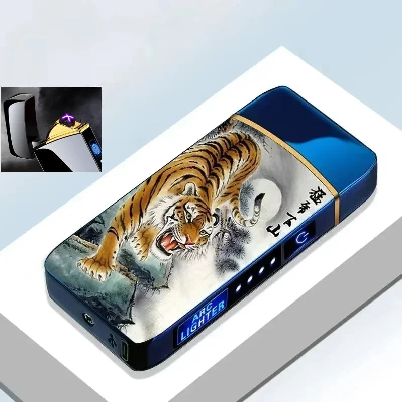 Electric Windproof Metal Lighter Double Arc Flameless Plasma Rechargeable USB Lighter LED Power Display Touch Sensor Lighters