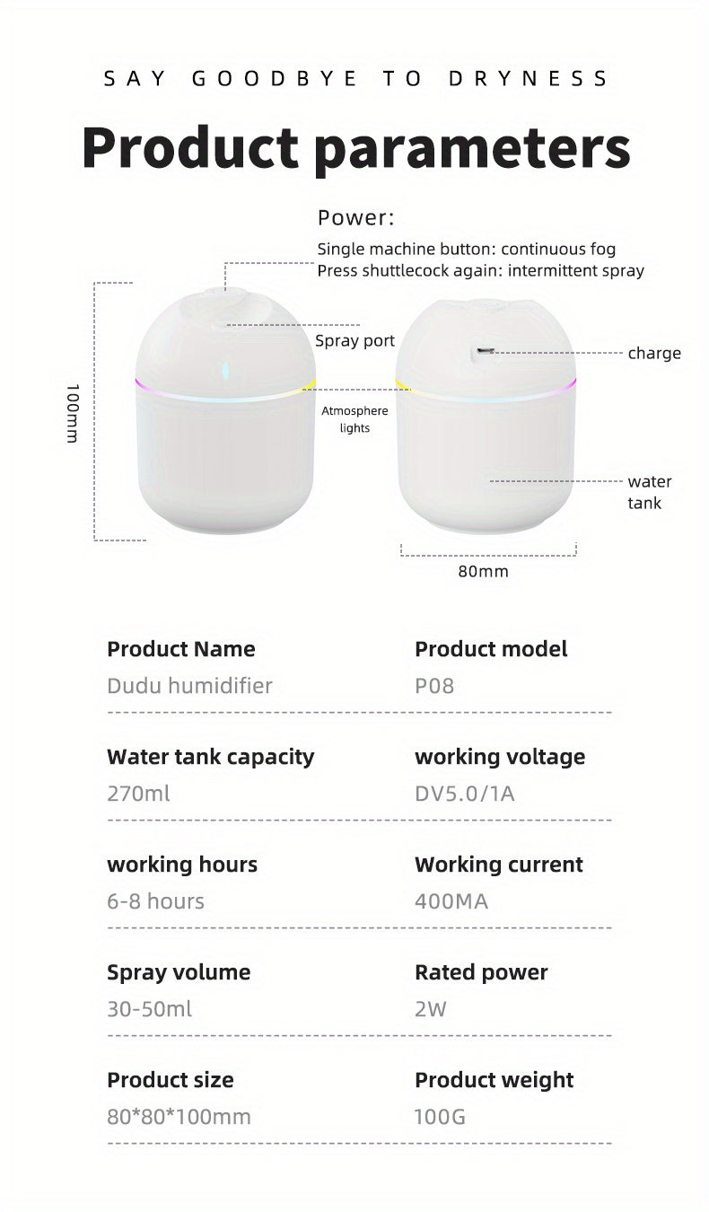 Humidificateur d'air 270ML, diffuseur d'arôme à brume fraîche, veilleuse LED, protection contre la mise hors tension, USB, pour le bureau et la maison